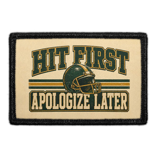 Hit First - Apologize Later  - Meta Data - Crop Image Text - - Removable Patch - Pull Patch - Removable Patches For Authentic Flexfit and Snapback Hats
