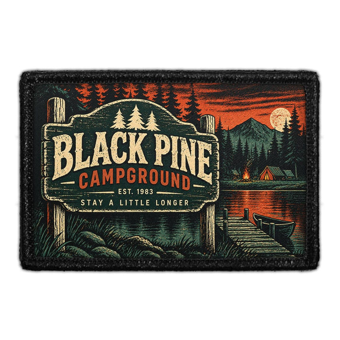 Black Pine Campground - Meta Data - Crop Image Text - Removable Patch - Pull Patch - Removable Patches For Authentic Flexfit and Snapback Hats
