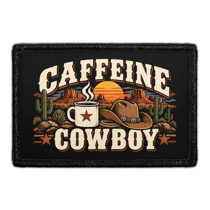 Caffeine Cowboy - Meta Data - Crop Image Text - Removable Patch - Pull Patch - Removable Patches For Authentic Flexfit and Snapback Hats
