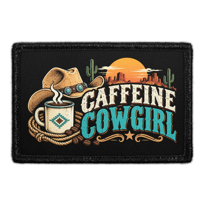 Caffeine Cowgirl - Meta Data - Crop Image Text - Removable Patch - Pull Patch - Removable Patches For Authentic Flexfit and Snapback Hats
