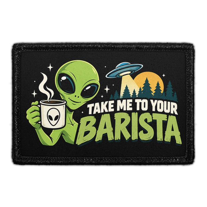 Take Me To Your Barista - Meta Data - Crop Image Text - Removable Patch - Pull Patch - Removable Patches For Authentic Flexfit and Snapback Hats
