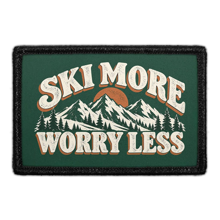 Ski More Worry Less - Meta Data - Crop Image Text - Removable Patch - Pull Patch - Removable Patches For Authentic Flexfit and Snapback Hats