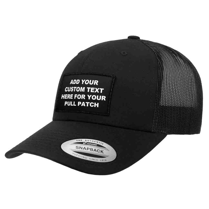 Bundle: 4 Lines Custom Text + Curved Bill Trucker Hat (Black)