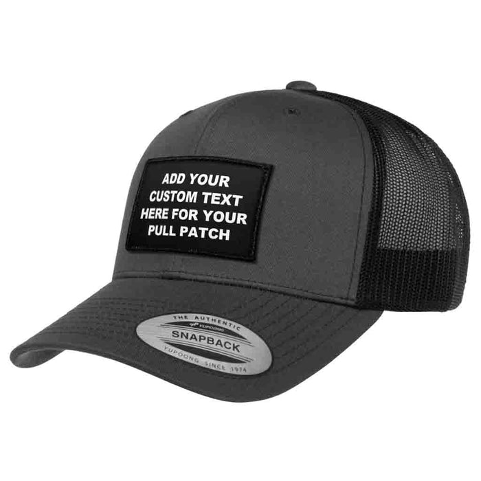 Bundle: 4 Lines Custom Text + Curved Bill Trucker Hat (Charcoal & Black)