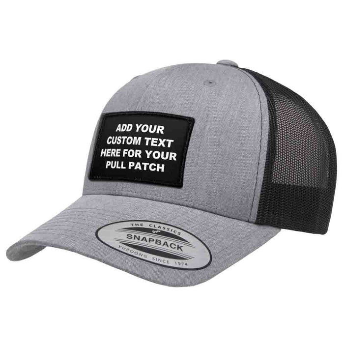 Bundle: 4 Lines Custom Text + Curved Bill Trucker Hat (Heather & Black)