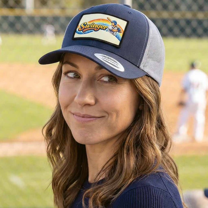 Trucker Curved Bill Snapback Hat by Pull Patch (Navy Blue/Silver)