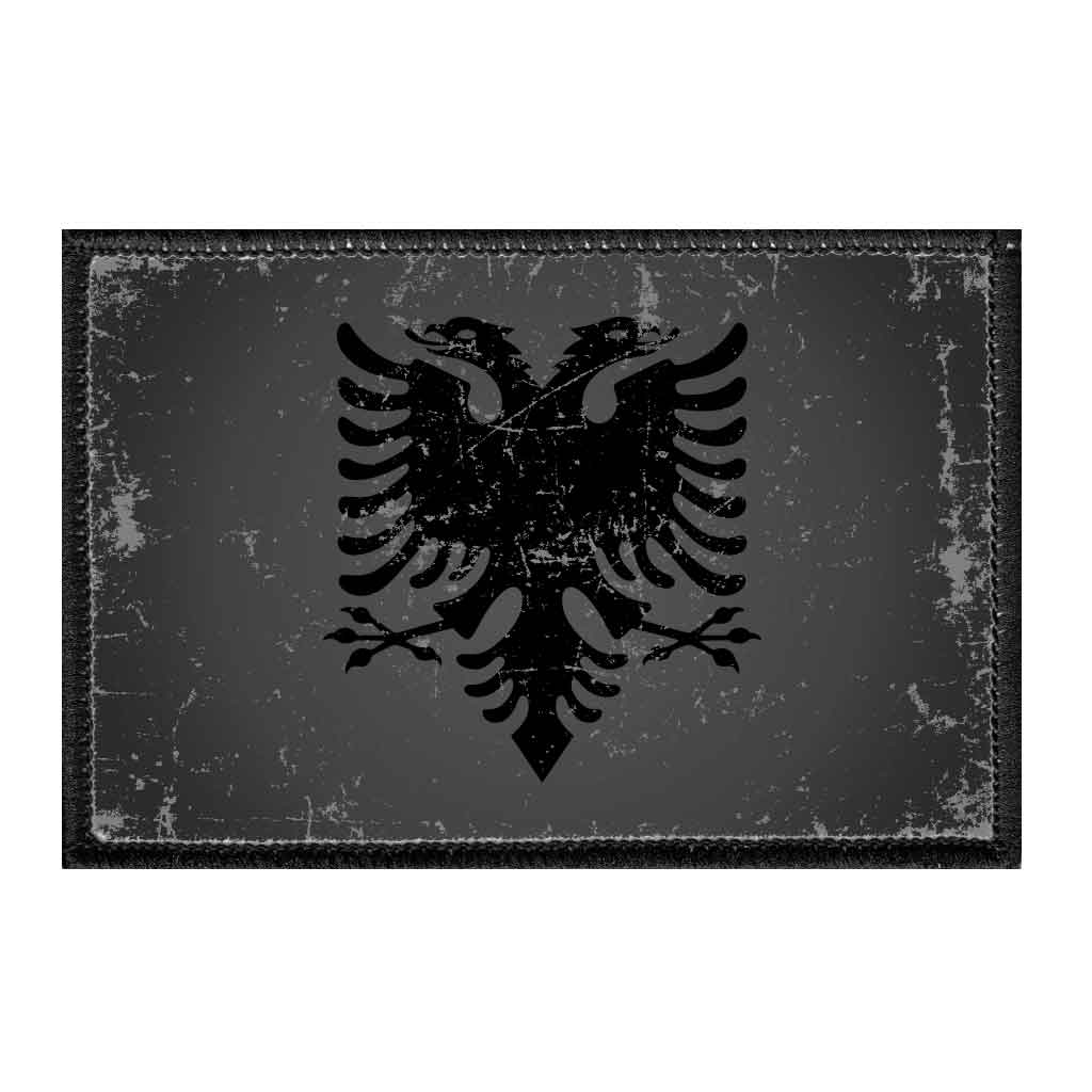 Albania Flag - Black and White - Distressed - Removable Patch - Pull Patch - Removable Patches For Authentic Flexfit and Snapback Hats