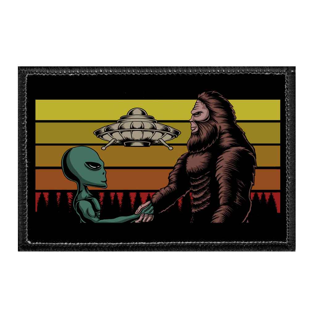 Alien & Bigfoot Shaking Hands - Removable Patch - Pull Patch - Removable Patches That Stick To Your Gear