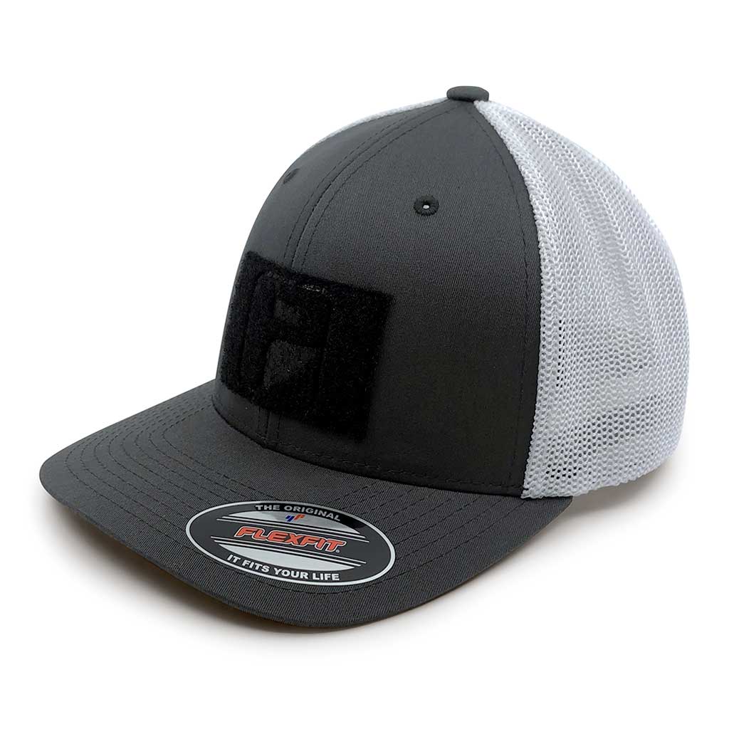 White Trucker Hat Flexfit Mesh Pull 2-Tone by Charcoal and - Patch