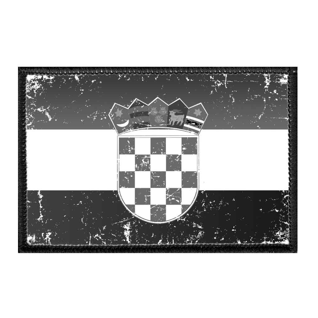 Croatia Flag - Black and White - Distressed - Removable Patch - Pull Patch - Removable Patches For Authentic Flexfit and Snapback Hats