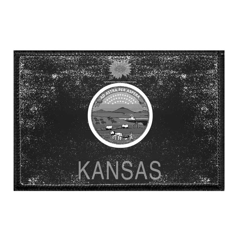 Kansas State Flag - Black and White - Distressed - Removable Patch - Pull Patch - Removable Patches For Authentic Flexfit and Snapback Hats