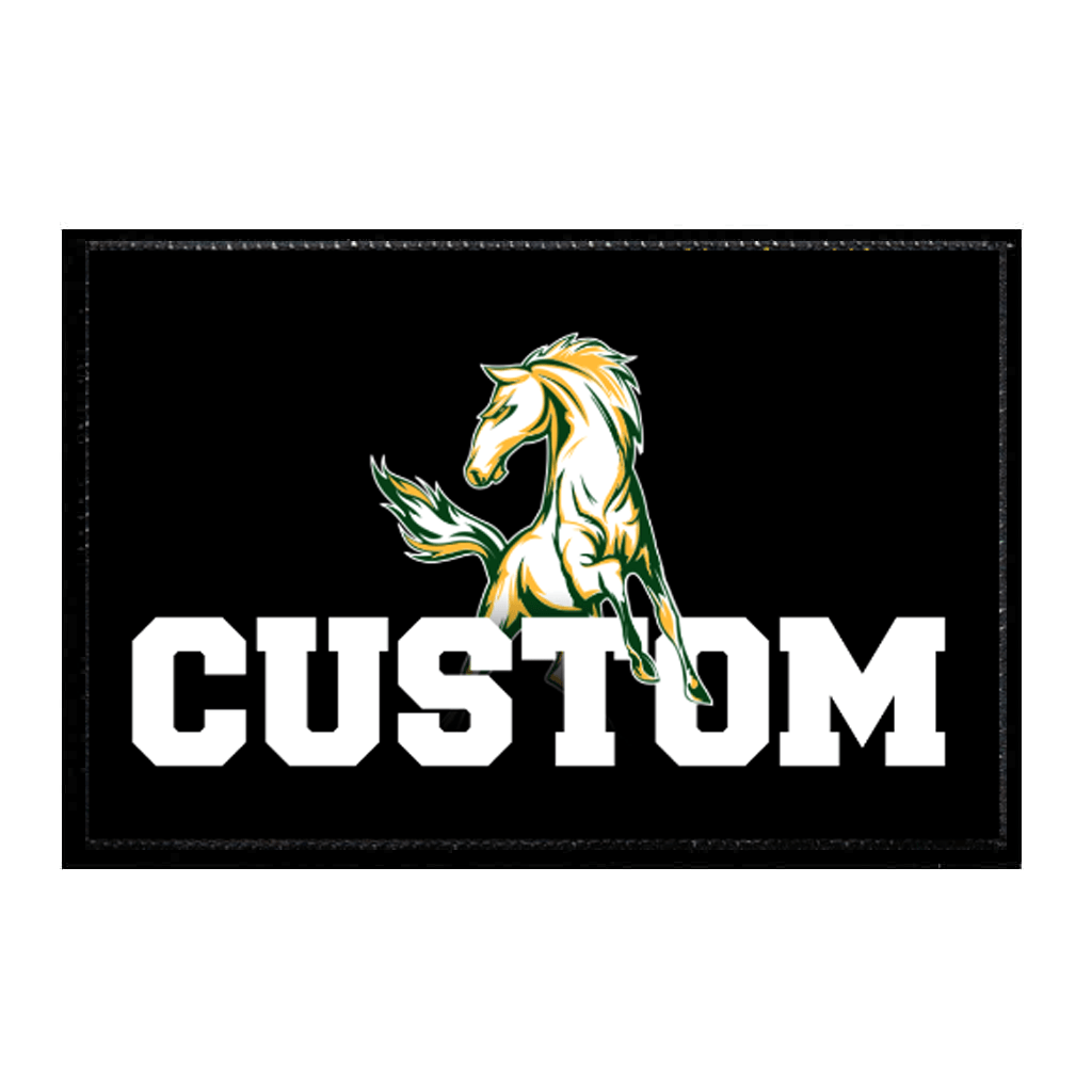 Mira Costa Custom Text With Horse - White Text On Black - Removable Patch - Pull Patch - Removable Patches That Stick To Your Gear