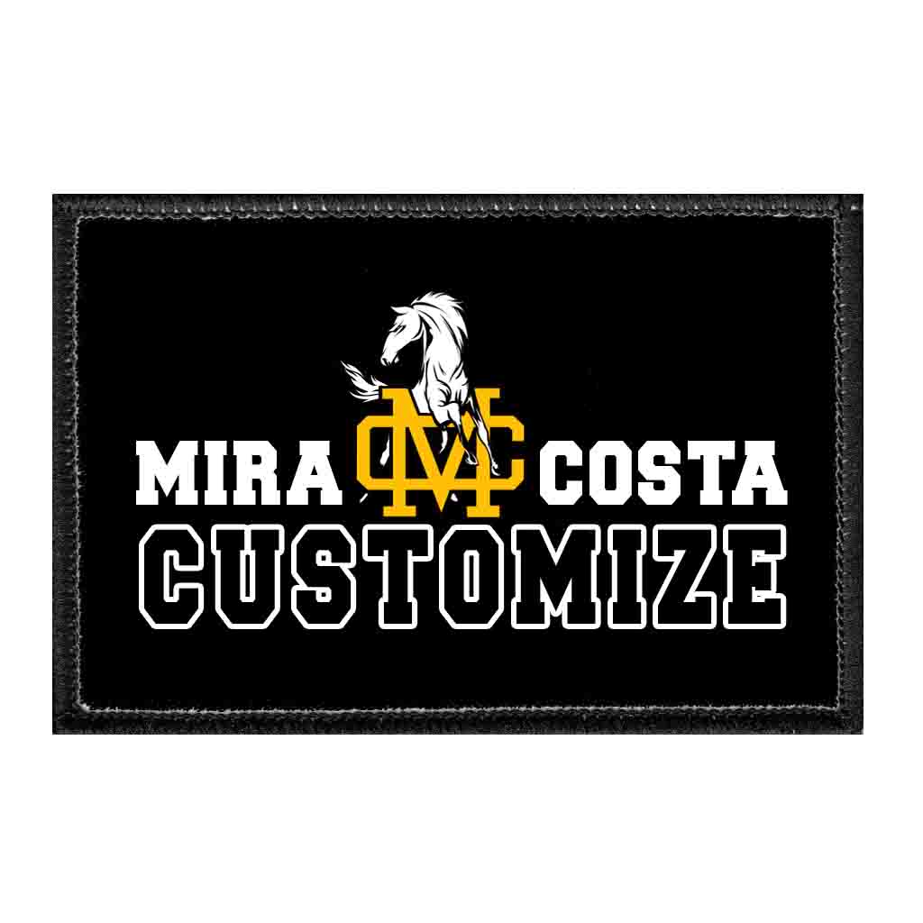 Mira Costa Mustangs With Badge Custom On Black - Removable Patch - Pull Patch - Removable Patches That Stick To Your Gear