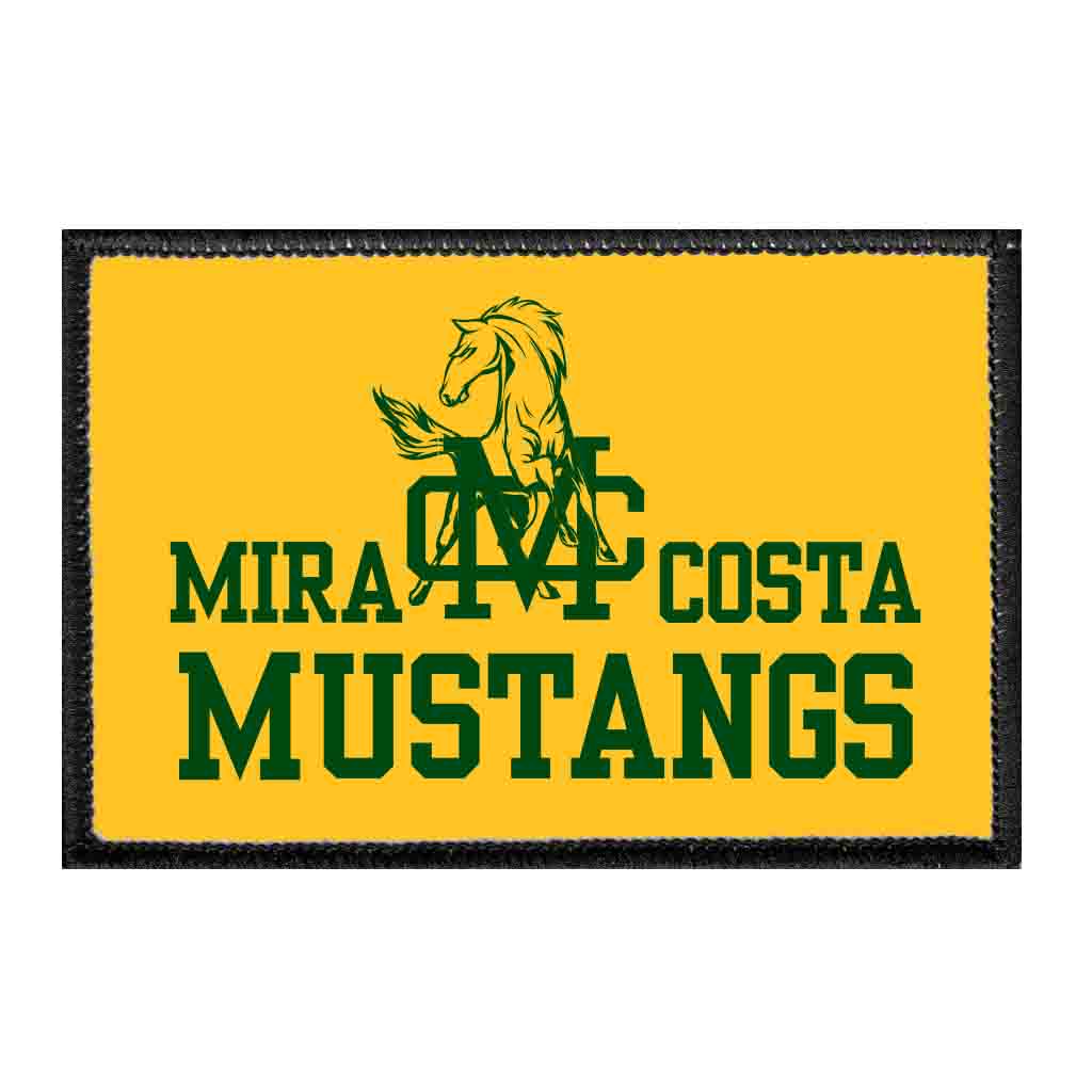 Mira Costa Mustangs With Badge - Yellow Background - Removable Patch - Pull Patch - Removable Patches That Stick To Your Gear