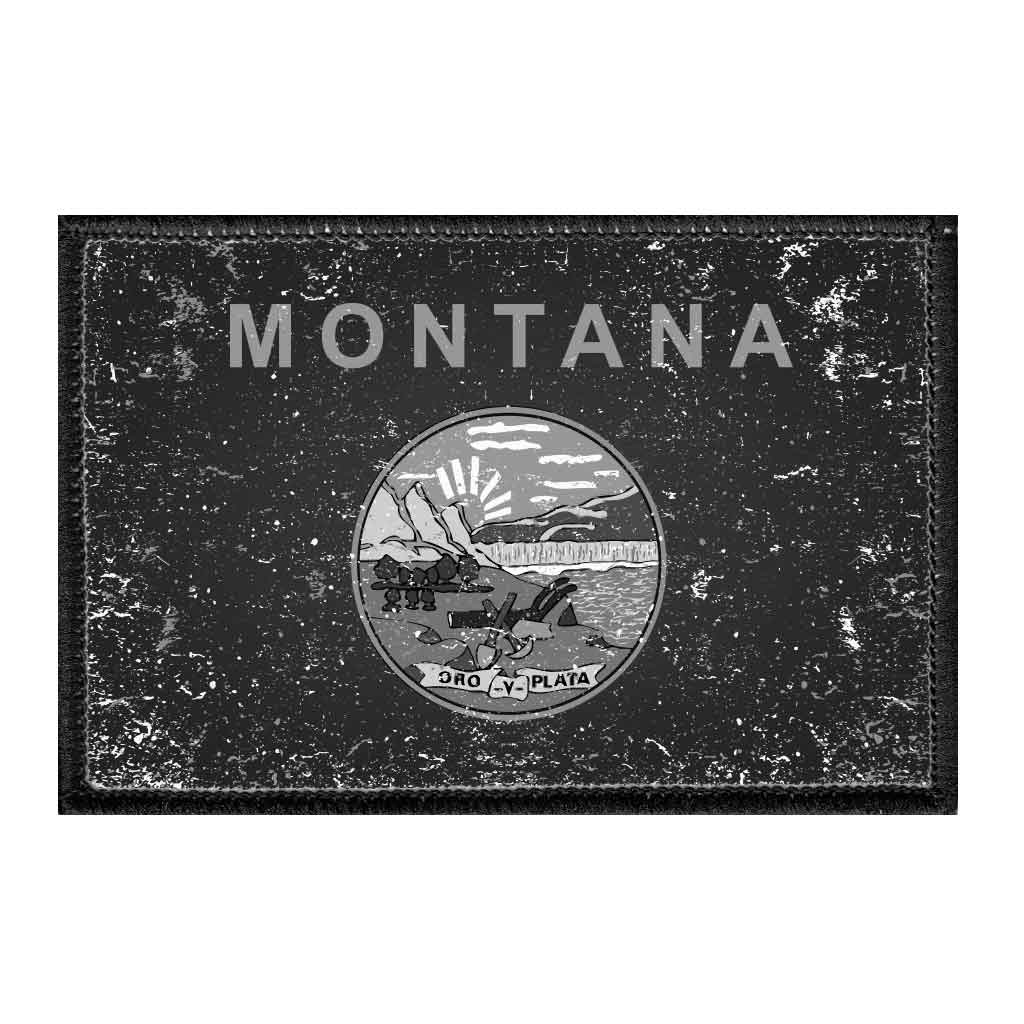 Montana State Flag - Black and White - Distressed - Removable Patch - Pull Patch - Removable Patches For Authentic Flexfit and Snapback Hats