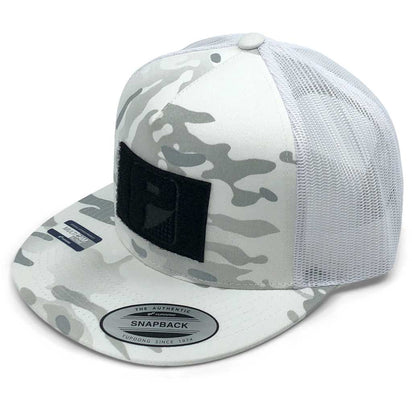 MULTICAM® Classic Trucker - Flat Bill - Pull Patch Hat by SNAPBACK - Alpine White Camo and White - Pull Patch - Removable Patches For Authentic Flexfit and Snapback Hats