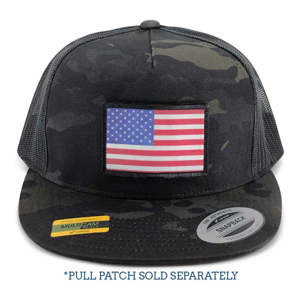 MULTICAM® Classic Trucker - Flat Bill - Pull Patch Hat by SNAPBACK - Black Camo and Black - Pull Patch - Removable Patches For Authentic Flexfit and Snapback Hats