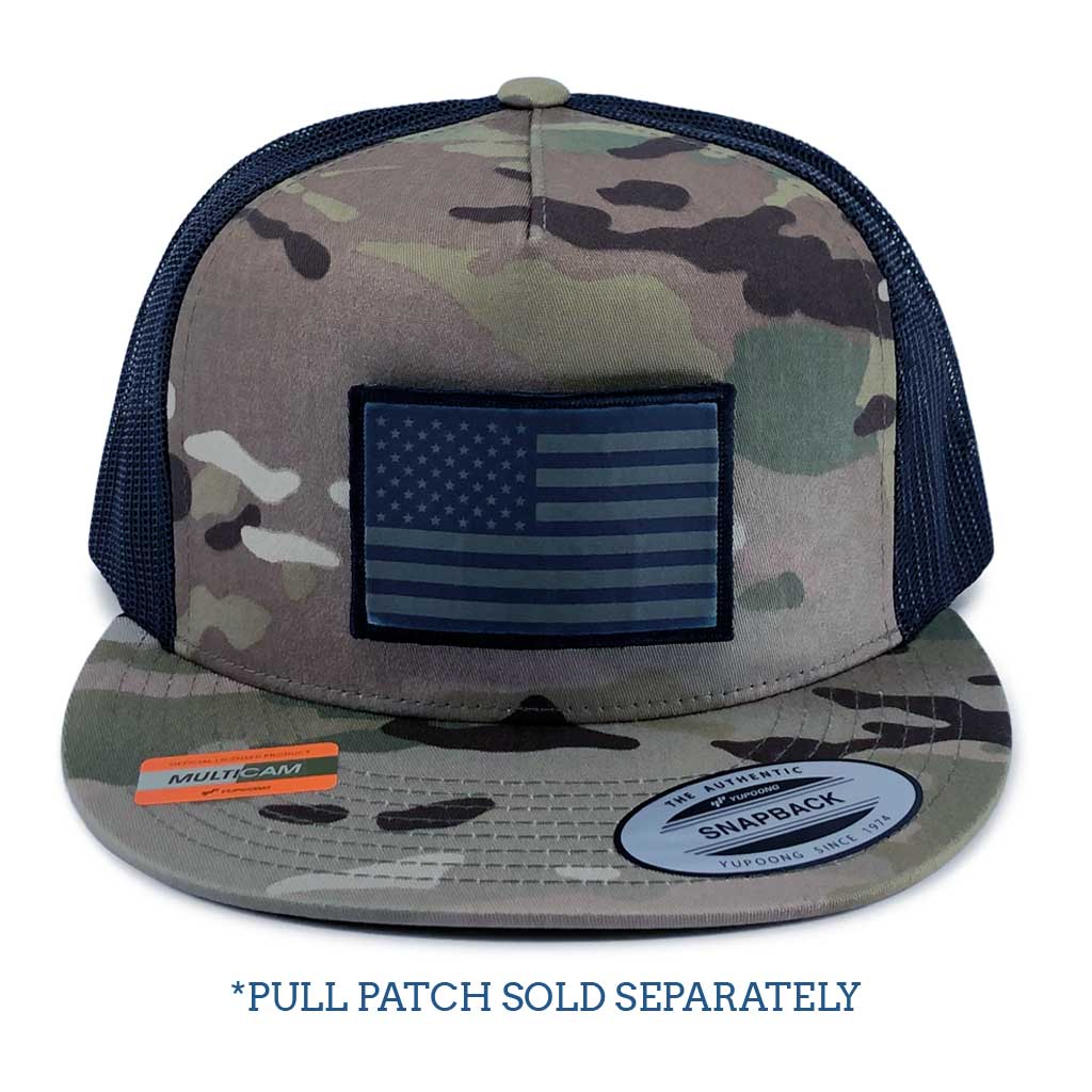 MULTICAM® Classic Trucker - Flat Bill - Pull Patch Hat by SNAPBACK - Camo and Black - Pull Patch - Removable Patches For Authentic Flexfit and Snapback Hats