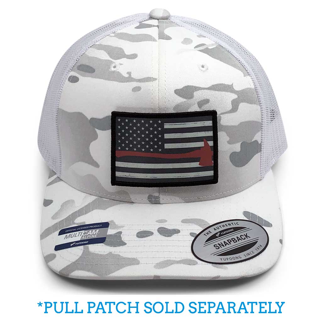 MULTICAM® Retro Trucker Pull Patch Hat by SNAPBACK - Alpine White Camo and White - Pull Patch - Removable Patches For Authentic Flexfit and Snapback Hats