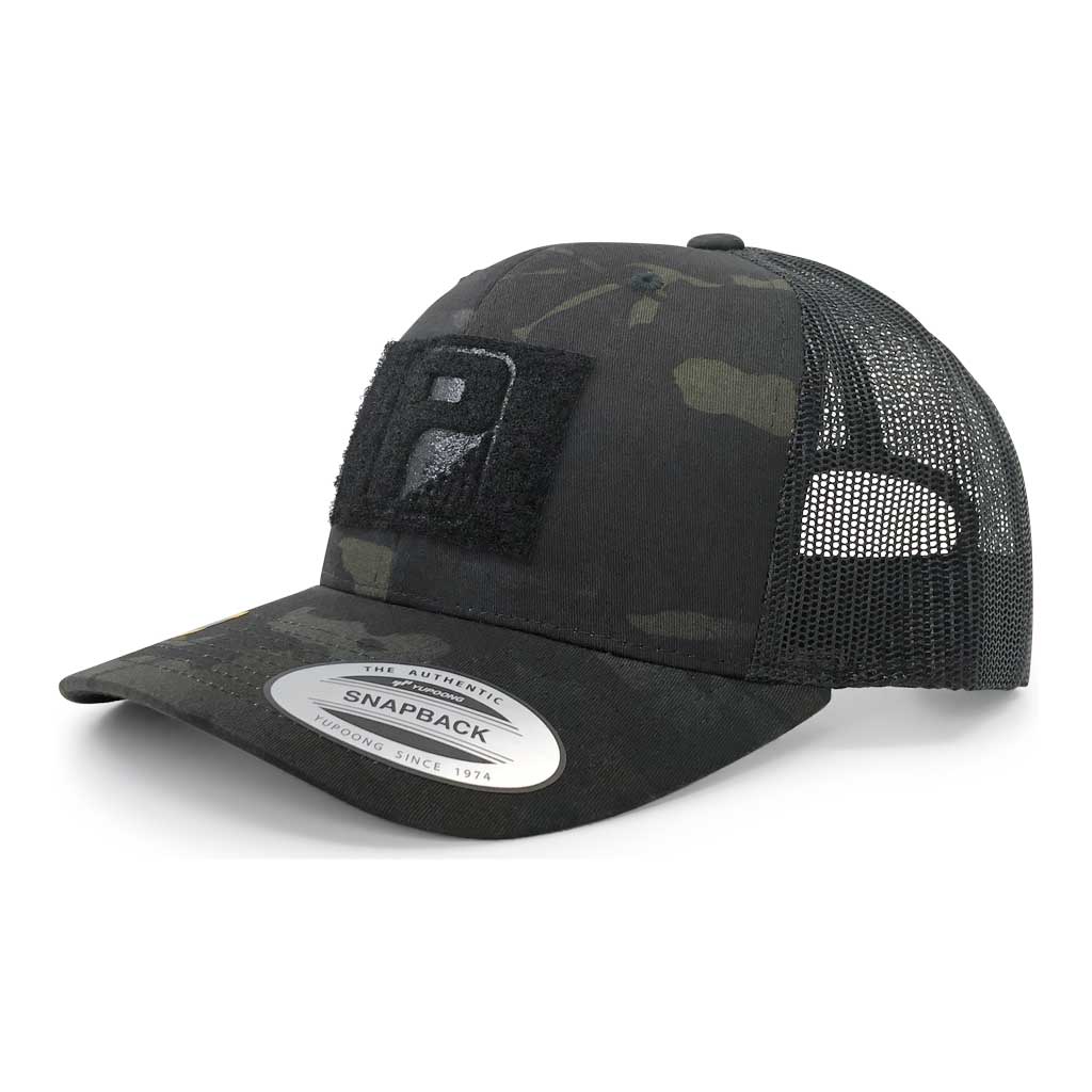 MULTICAM® Retro Trucker Pull Patch Hat by SNAPBACK - Black Camo and Black - Pull Patch - Removable Patches For Authentic Flexfit and Snapback Hats