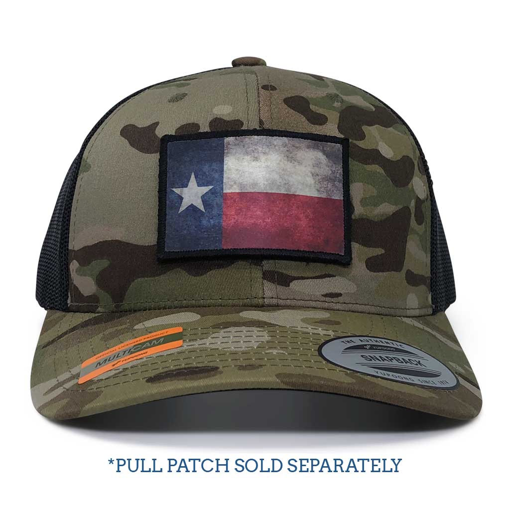 MULTICAM® Retro Trucker Pull Patch Hat by SNAPBACK - Camo and Black - Pull Patch - Removable Patches For Authentic Flexfit and Snapback Hats