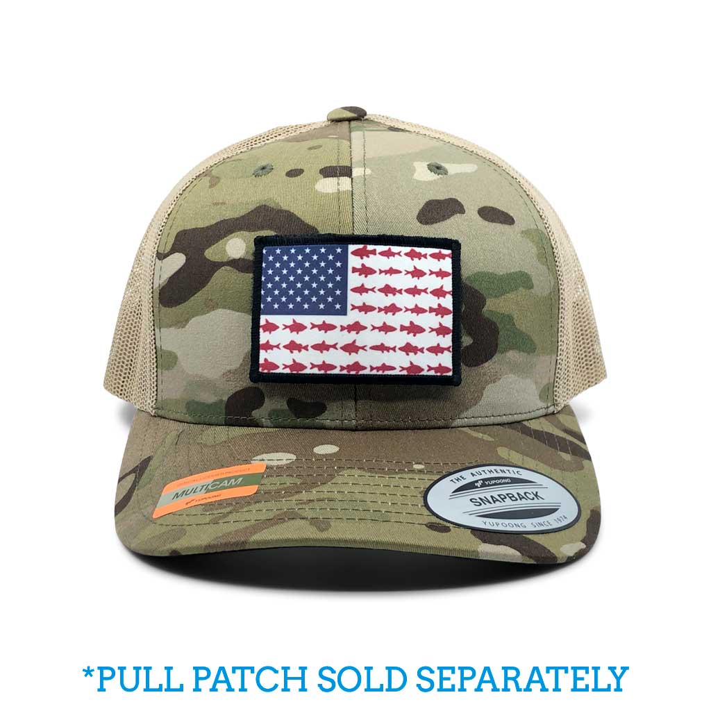 MULTICAM® Retro Trucker Pull Patch Hat by SNAPBACK - Camo and Khaki - Pull Patch - Removable Patches For Authentic Flexfit and Snapback Hats