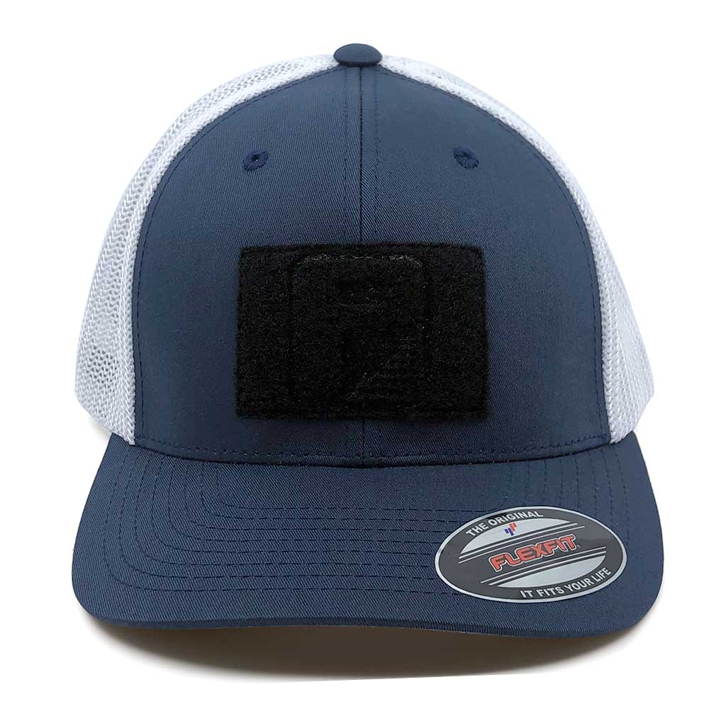 by Flexfit Pull Trucker Patch Hat Navy Mesh White and 2-Tone -