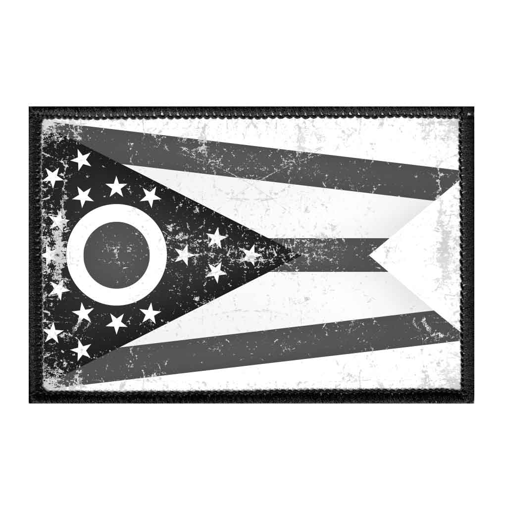 Ohio State Flag - Black and White - Distressed - Removable Patch - Pull Patch - Removable Patches For Authentic Flexfit and Snapback Hats
