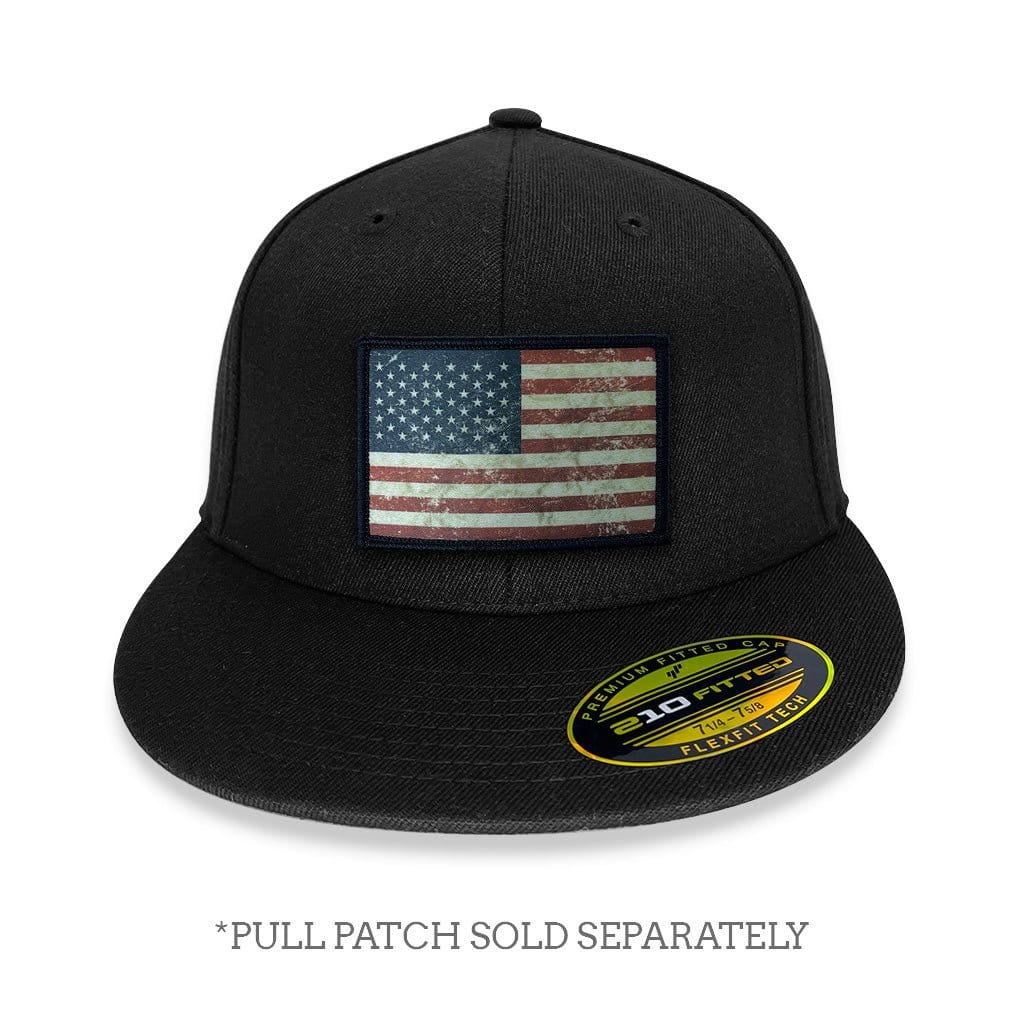 Premium Flat Bill Pull Patch Hat By Flexfit - Black - Pull Patch - Removable Patches That Stick To Your Gear