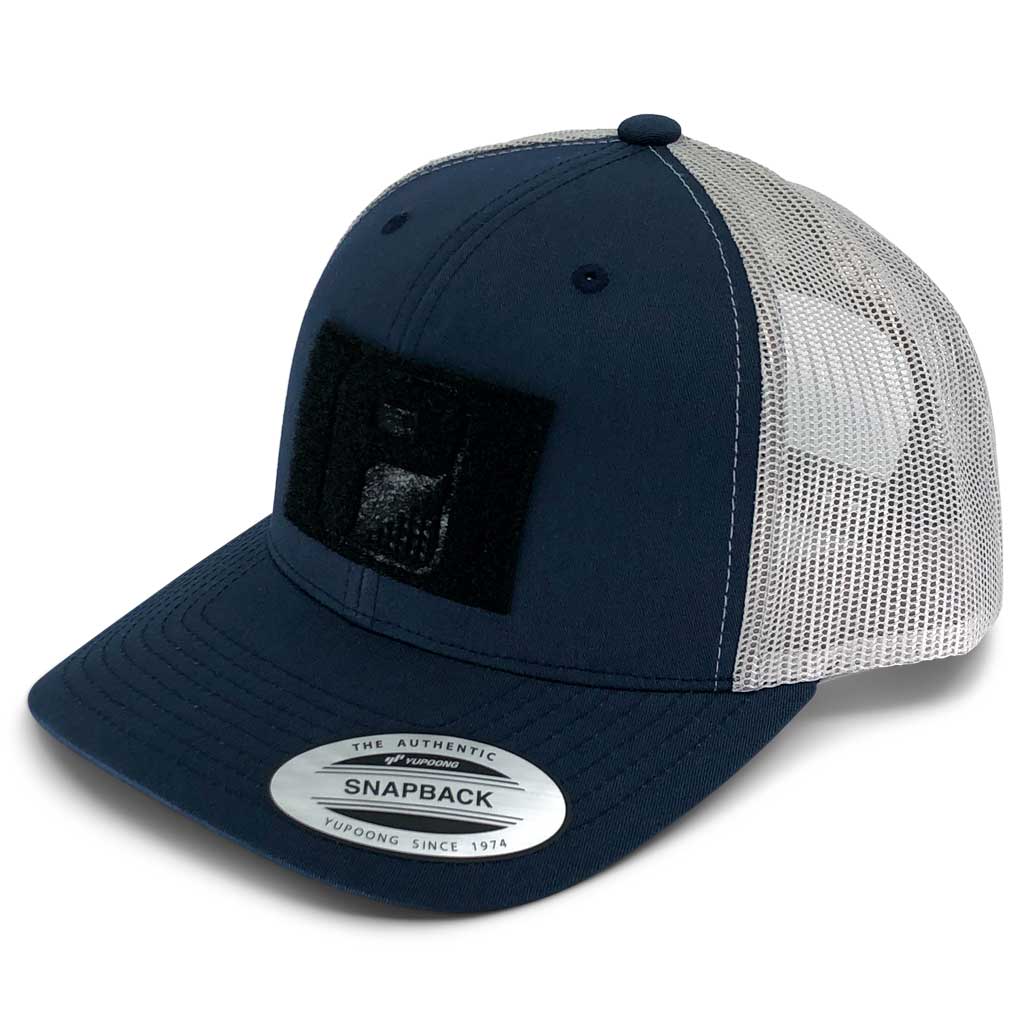 Retro Trucker 2-Tone Pull Patch Hat By Snapback - Navy Blue and Silver - Pull Patch - Removable Patches For Authentic Flexfit and Snapback Hats