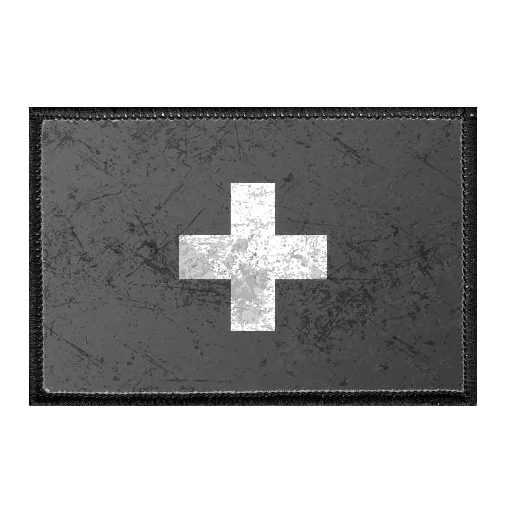 Switzerland Flag - Black and White - Distressed - Removable Patch - Pull Patch - Removable Patches For Authentic Flexfit and Snapback Hats