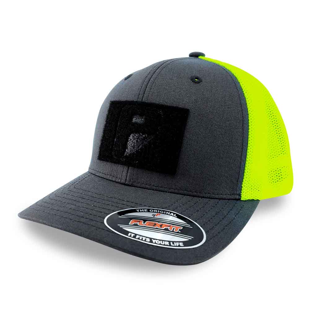 Trucker - Curved Bill - 2-Tone Pull Patch Hat by Flexfit - Charcoal and Neon Green