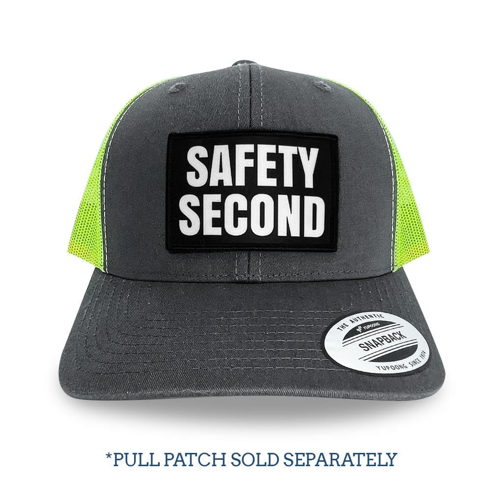 Trucker - Curved Bill - 2-Tone Pull Patch Hat By Snapback - Charcoal and Neon Green - Pull Patch - Removable Patches That Stick To Your Gear