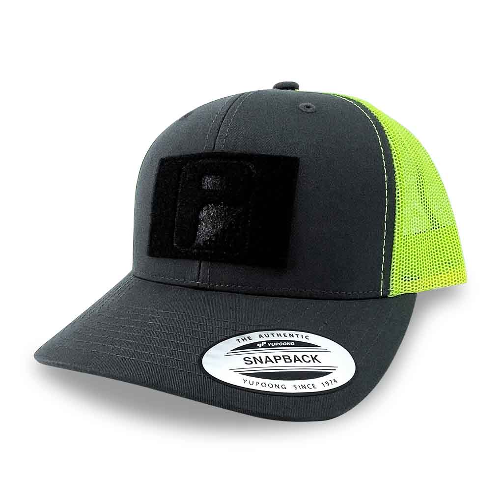 Trucker - Curved Bill - 2-Tone Pull Patch Hat By Snapback - Charcoal and Neon Green - Pull Patch - Removable Patches That Stick To Your Gear