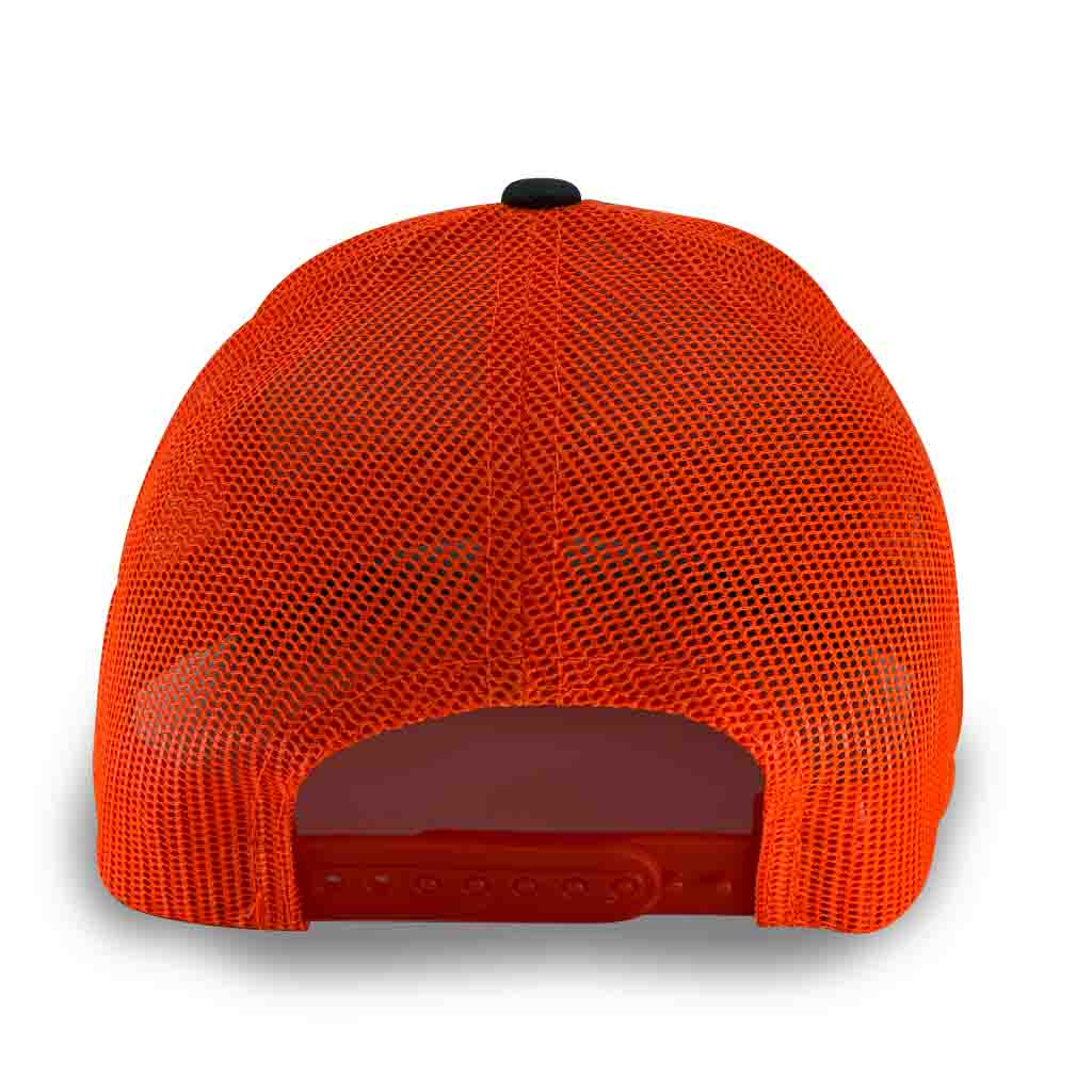 Trucker - Curved Bill - 2-Tone Pull Patch Hat By Snapback - Charcoal and Neon Orange - Pull Patch - Removable Patches That Stick To Your Gear