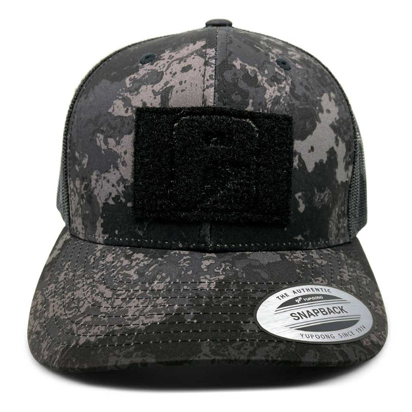 Veil Camo Curved Bill Trucker Pull Patch Hat by SNAPBACK - Black Camo