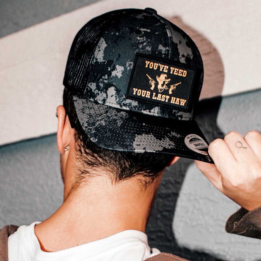 Veil Camo Curved Bill Trucker Pull Patch Hat by SNAPBACK - Black Camo and Black - Pull Patch - Removable Patches For Authentic Flexfit and Snapback Hats