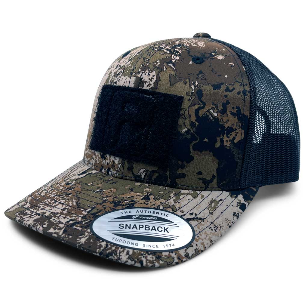 Veil Camo Curved Bill Trucker Pull Patch Hat by SNAPBACK - Camo and Black - Pull Patch - Removable Patches For Authentic Flexfit and Snapback Hats