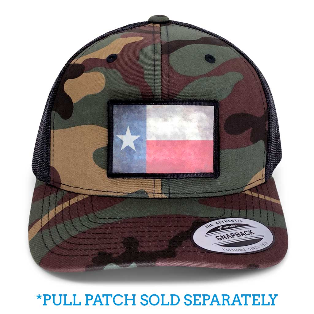 Vintage Camo Retro Trucker Pull Patch Hat by SNAPBACK - Camo and Black - Pull Patch - Removable Patches For Authentic Flexfit and Snapback Hats