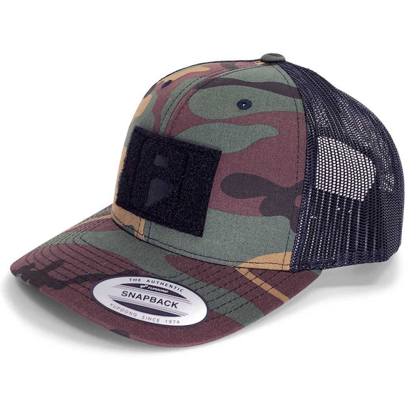 Vintage Camo Retro Trucker Pull Patch Hat by SNAPBACK - Camo and Black - Pull Patch - Removable Patches For Authentic Flexfit and Snapback Hats
