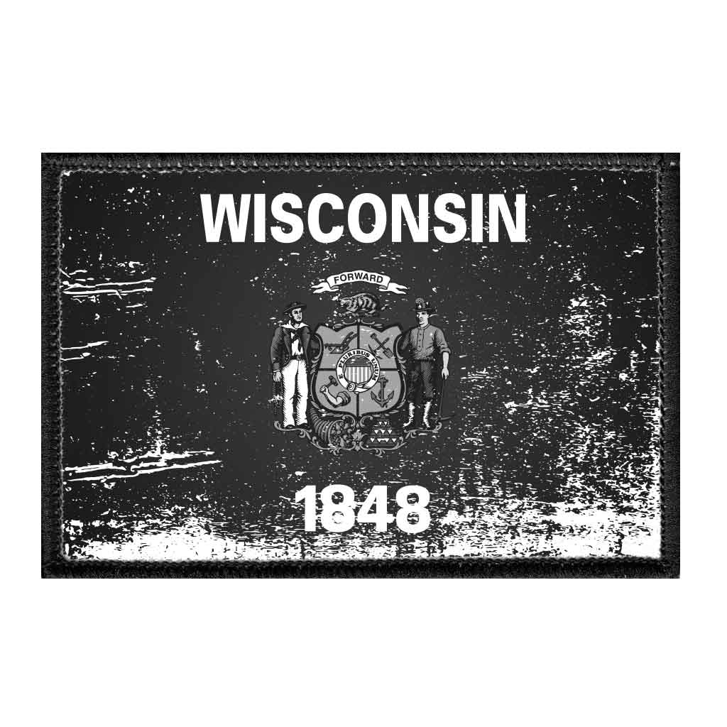 Wisconsin State Flag - Black and White - Distressed - Removable Patch - Pull Patch - Removable Patches For Authentic Flexfit and Snapback Hats