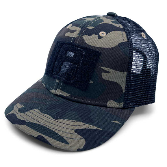 Youth - Vintage Camo and Black - Curved Bill Trucker Pull Patch Hat - Pull Patch - Removable Patches For Authentic Flexfit and Snapback Hats